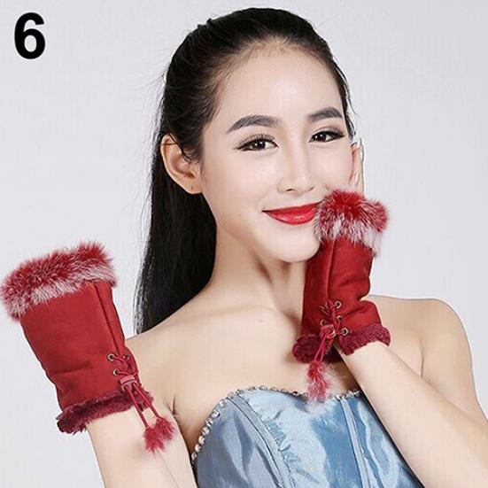Women's Fashion Winter Warm Imitation Rabbit Hair Faux Leather Fingerless Gloves