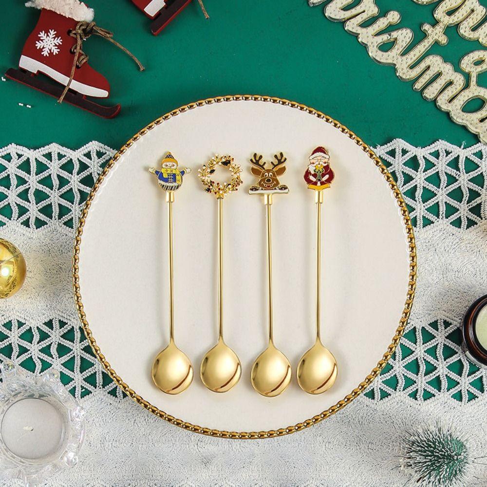 4PCS Set Christmas Stirring Spoon Plated Design Kitchen Utensil Gift  Kitchen Supplies