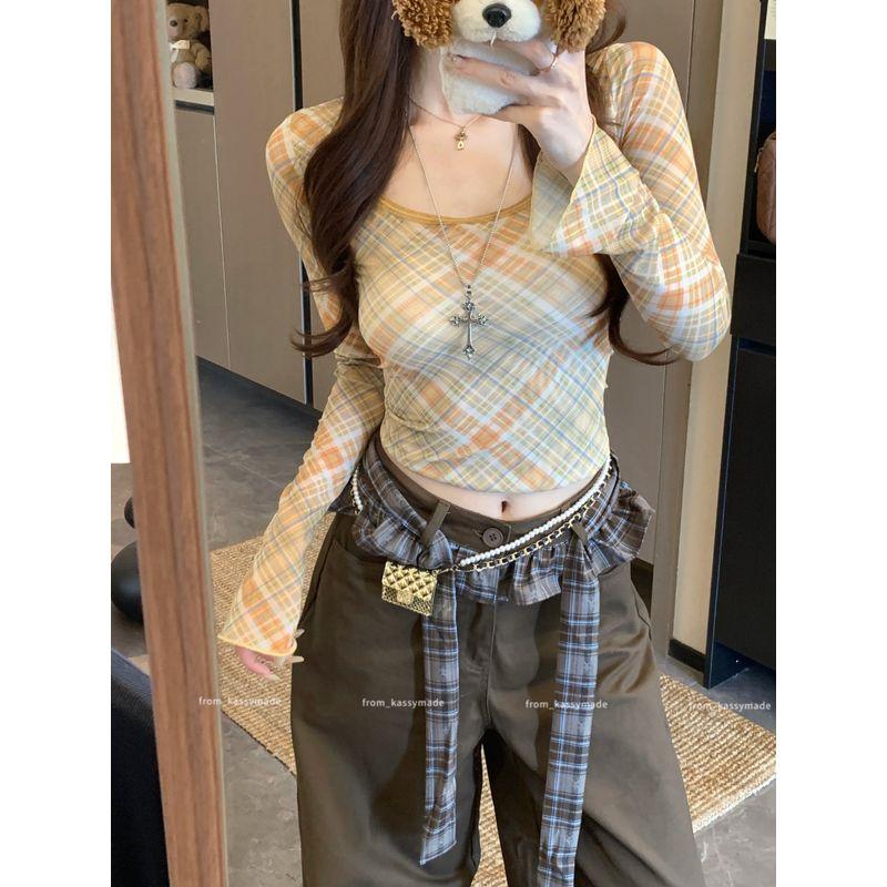 Sexy Contrast Color Check U-Neck Long-Sleeved T-shirt Women's Autumn Not To Tight Waist Silm Bottoming Shirt Short Inner Wear Small Top