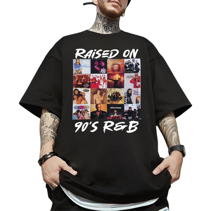 Raised on 90 s R&B Vintage T-Shirt – Retro Music Album Cover Design – Soft Unisex Tee for Men & Women S чёрный