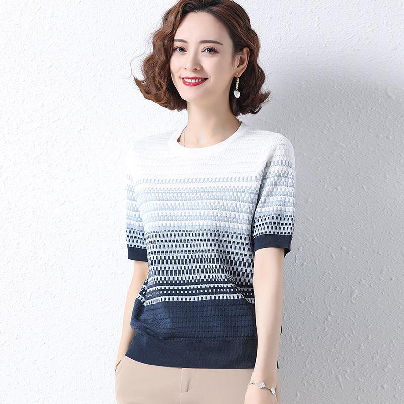 Women's Plus Size Striped Short Sleeved Knitted T-shirt Middle-aged Women's Clothing Ice Silk Knitted T-shirt