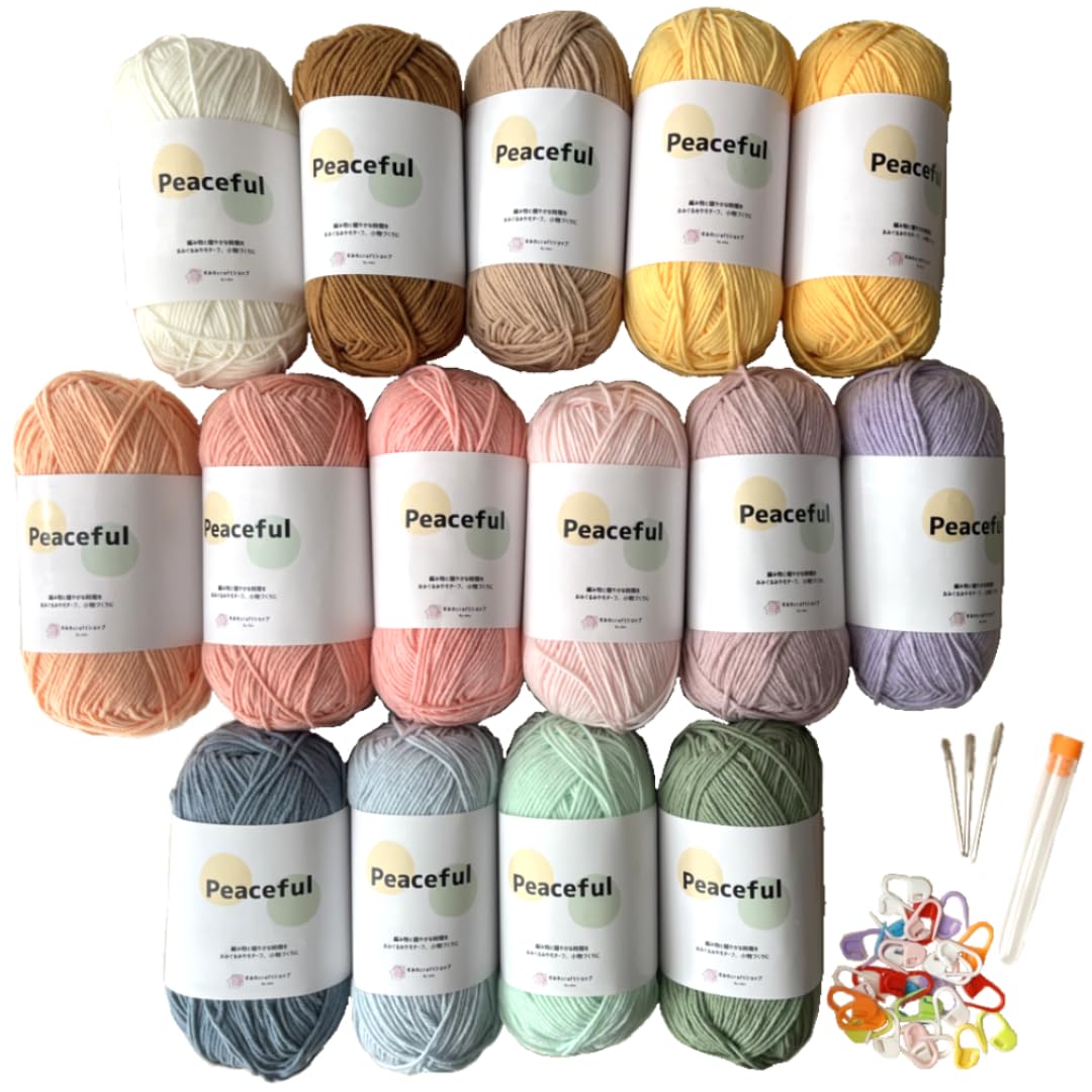 

Sumire Craft Shop Peaceful Cotton 50g per Large Capacity Includes Needles and Row Amigurumi Yarn, Approx. ball, 120m, 15-ball Set, Markers, Knitting,