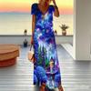 Women Plus Size V Neck Short Sleeve Maxi Dress Black Beige Brown Geometric Block Print Loose Long Dress