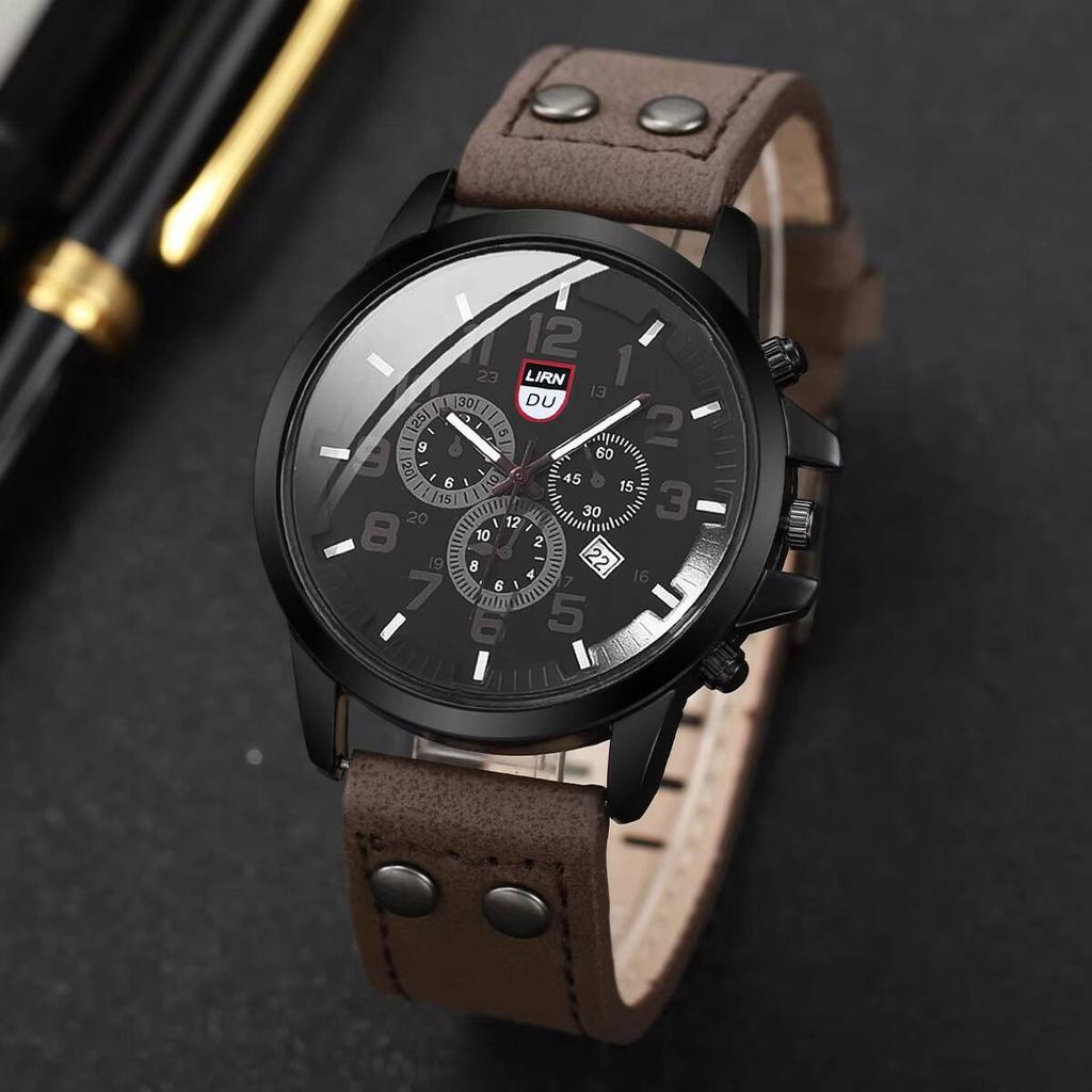 Fashion Men's Sports Watches Casual Leather Strap Quartz Watch Male Military Calendar Wristwatch