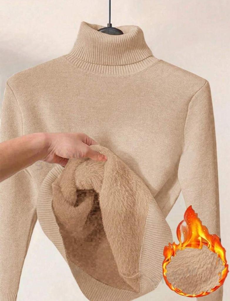 Women's Turtleneck Long Sleeve Knit Top Regular Fit Elegant Casual Sweater Solid Fleece Lined Warm Base Layer