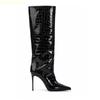 Fashion 2025 Autumn Winter New Shiny Leather Knee-High Boots Crocodile Pattern Pointed Thin High Heels Suede Large Tube High Boots