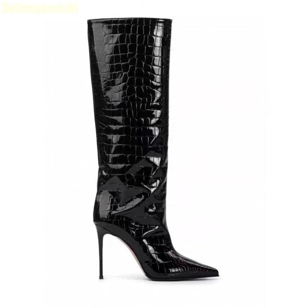 Fashion 2025 Autumn Winter New Shiny Leather Knee-High Boots Crocodile Pattern Pointed Thin High Heels Suede Large Tube High Boots