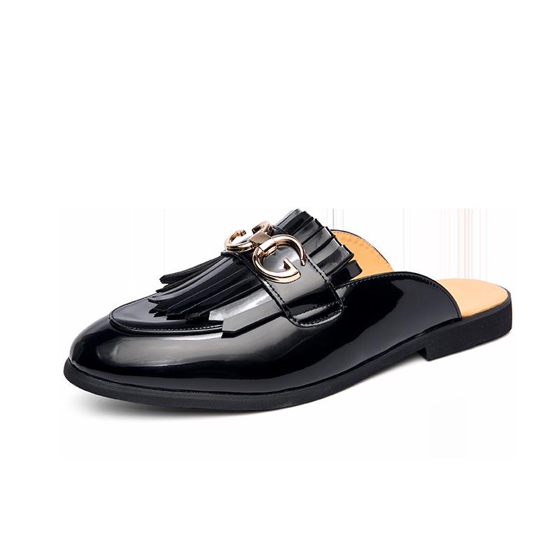 Men s British Style Leather Tassel Loafers: Slip-on Patent Leather Shoes with Open Back 40