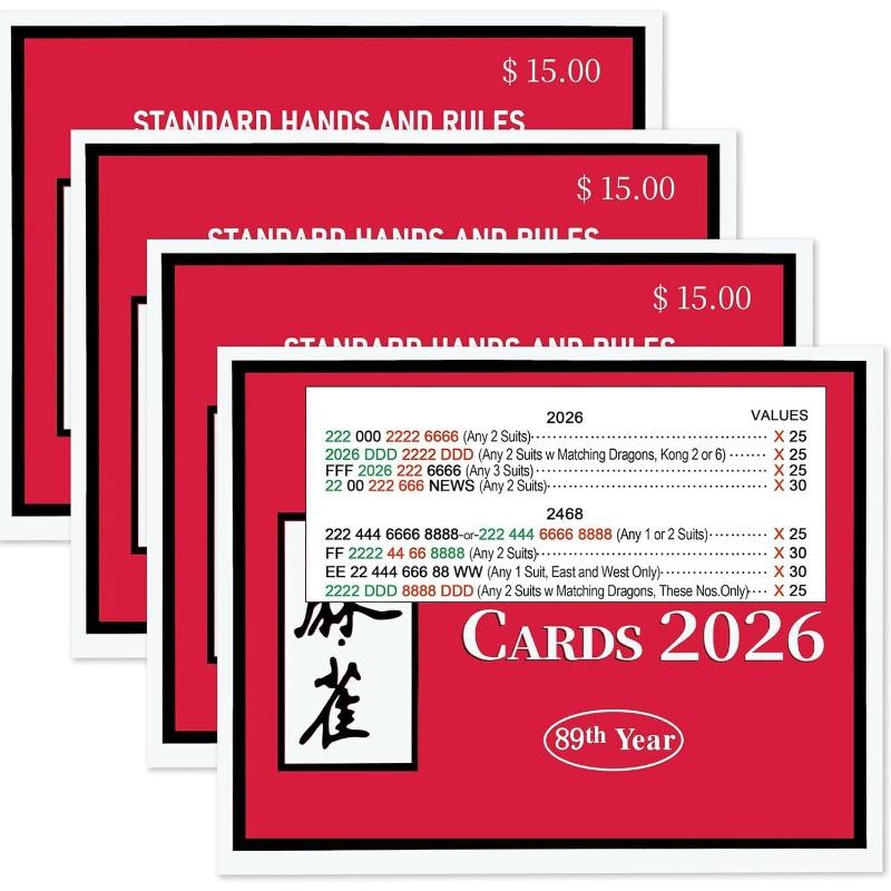 

2026 Mahjong Cards Official Revision, Large Print Easy to Read, American Mahjong Reference Cards for Enthusiasts ginners, 4 Pack 4PCS червоний