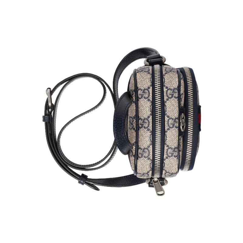Gucci Ophidia Double G logo zipper closure, canvas and leather trim, messenger bag, camera bag, hand-held shoulder crossbody bag, mini women's blue