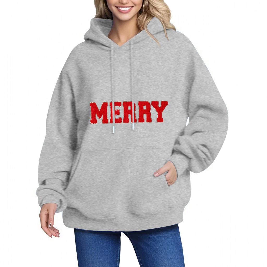MERRY Women's Hoodie Letter Small Print Long Sleeve Pocket Loose Pullover Sweatshirt Top