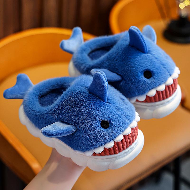 Kids' Cute Cartoon Shark Slippers - Cozy Cotton for Boys & Girls, Thick-Soled for Autumn & Winter Indoor Comfort