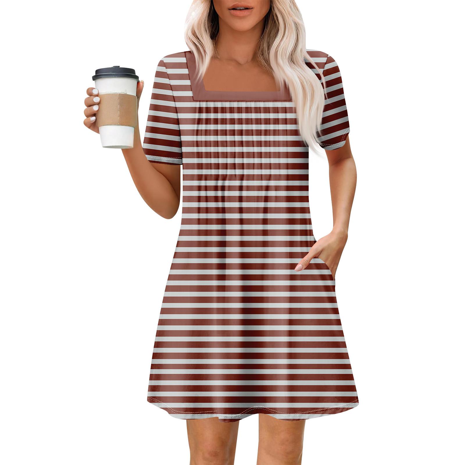 

Женские летние повседневные платья с квадратным вырезом, плиссировкой спереди и карманом, с короткими рукавами и принтом XXXL кофейный