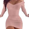 Autumn and Winter Women's V Neck Long Sleeves Slim Thin Hip Dress Warm Sweater