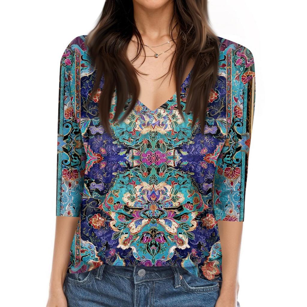 Dames T-skjorte Trykk 3/4 Erme Hverdag Weekend Mote Basic V-hals Vanlig Topp