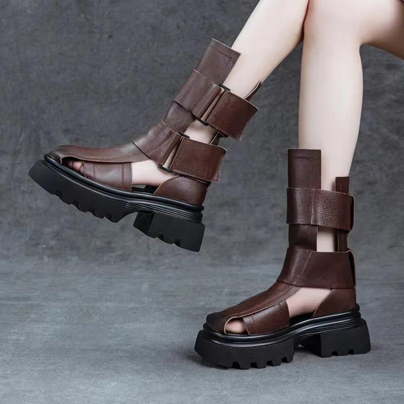Fashion 6.5CM New Women Gladiator Sandals Summer Thick High Heel Platform Genuine Leather Hollow Roman Sandals Women Mid Calf Cool Boots