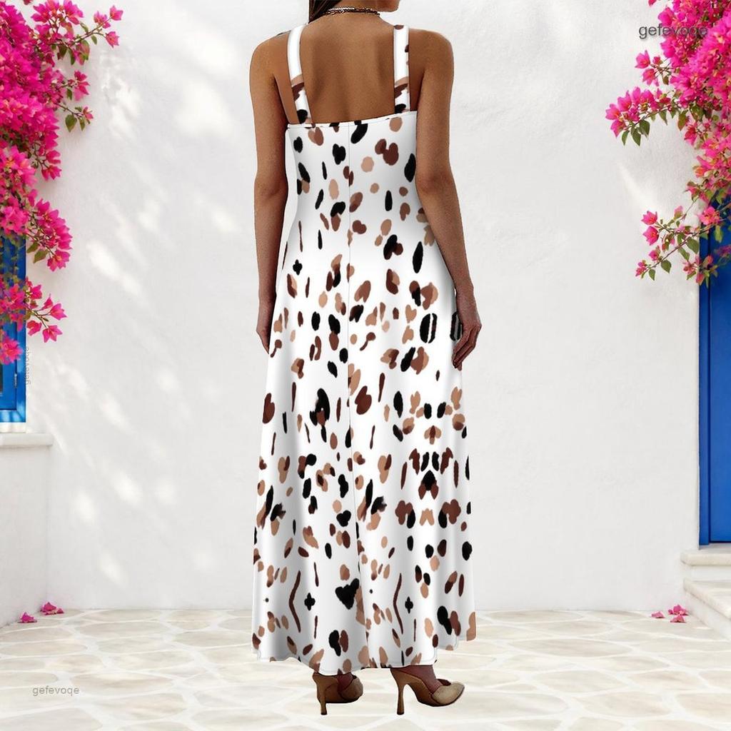 Women Plus Size Scoop Neck Strappy Sleeveless White Printed A Line Long Dress