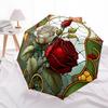 1pc Rose Garden StainedGlass Compact Travel Umbrella, Automatic Folding Lightweight Windproof 8-Bone Reinforced Design, Portable for Backpac