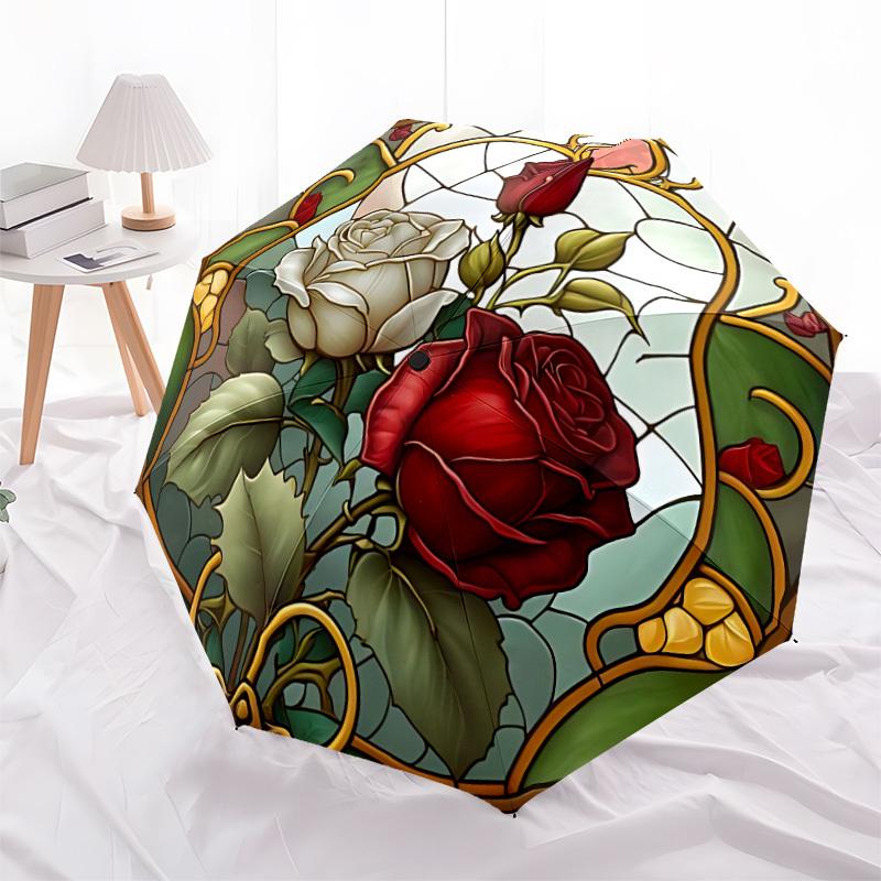 1pc Rose Garden StainedGlass Compact Travel Umbrella, Automatic Folding Lightweight Windproof 8-Bone Reinforced Design, Portable for Backpac
