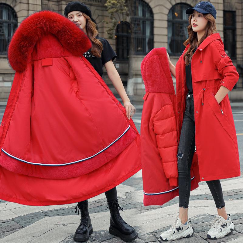 Winter Women's Plus Velvet Slim Fit Parka with Large Fur Collar Long Coat