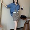 Spring Fashion Blue Polo Collar Blouse Women Loose Fit Long Sleeve Shirt Casual Office