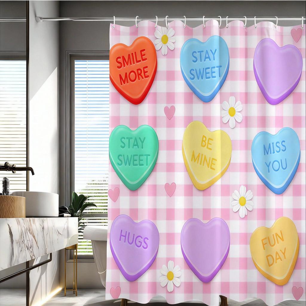Valentine'S Day Candy Heart Shower Curtain Checkerboard Pattern With Love Messages Waterproof Polyester Bath Curtain With Hooks