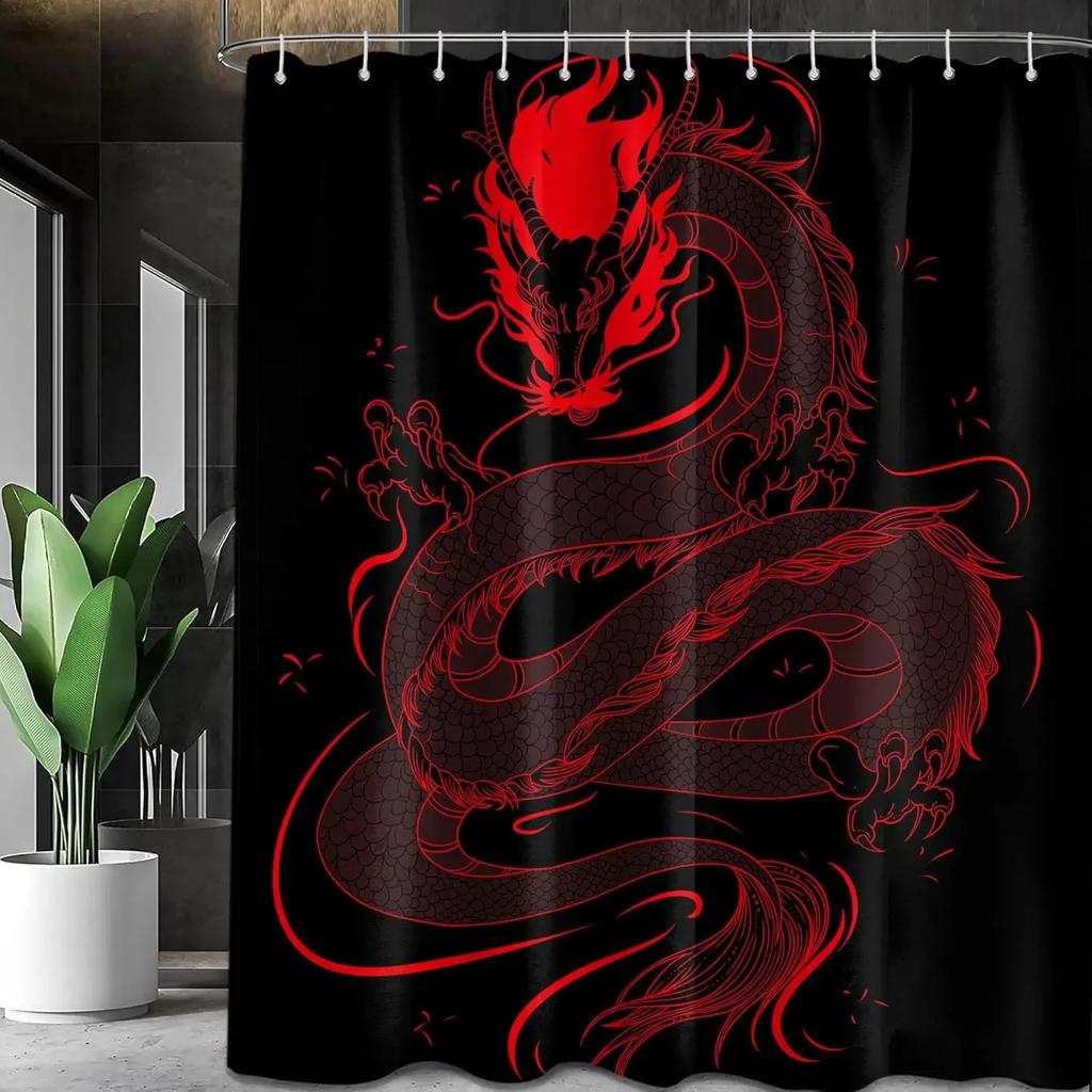 Black And Red Shower Curtain Boy Bathroom Decorative Cool Medieval Style Shower Curtain, Waterproof Fabric 200X180CM