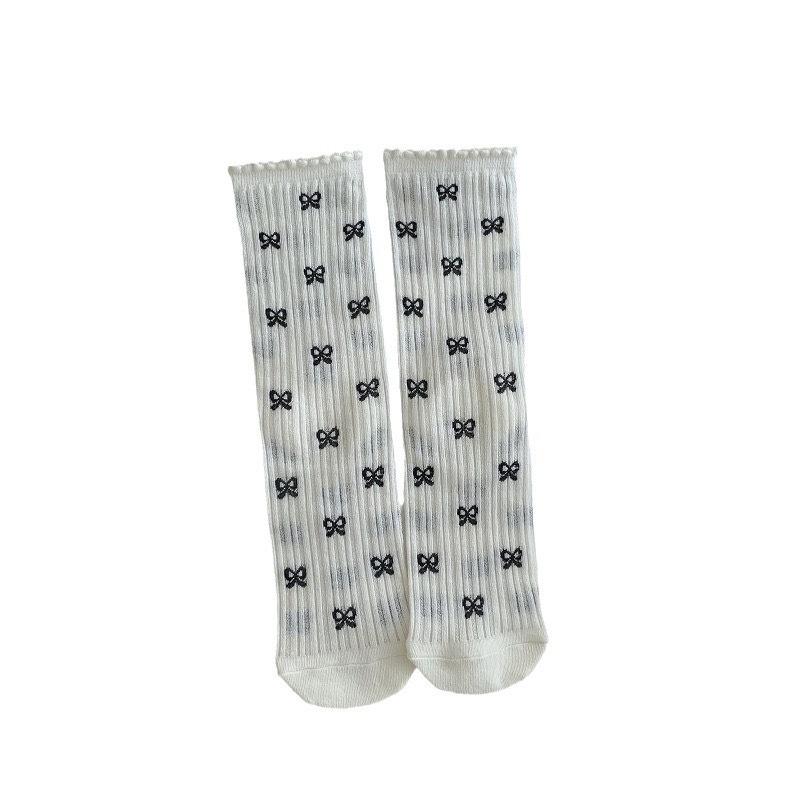 Ballet-style Bow Pile Socks, Women's Mid-calf Socks, Summer Thin Mesh Perforated Polka Dot Socks