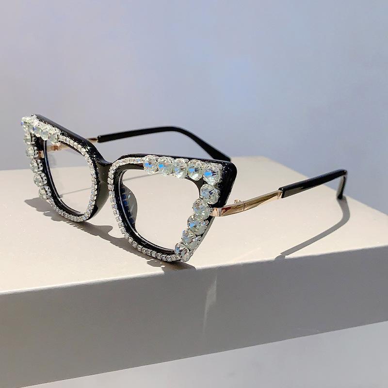 Diamond Decoration Cat Eye Glasses for Women Fashion Blue Light Blocking Computer Gaming Eye Protection Classic Plain Glasses