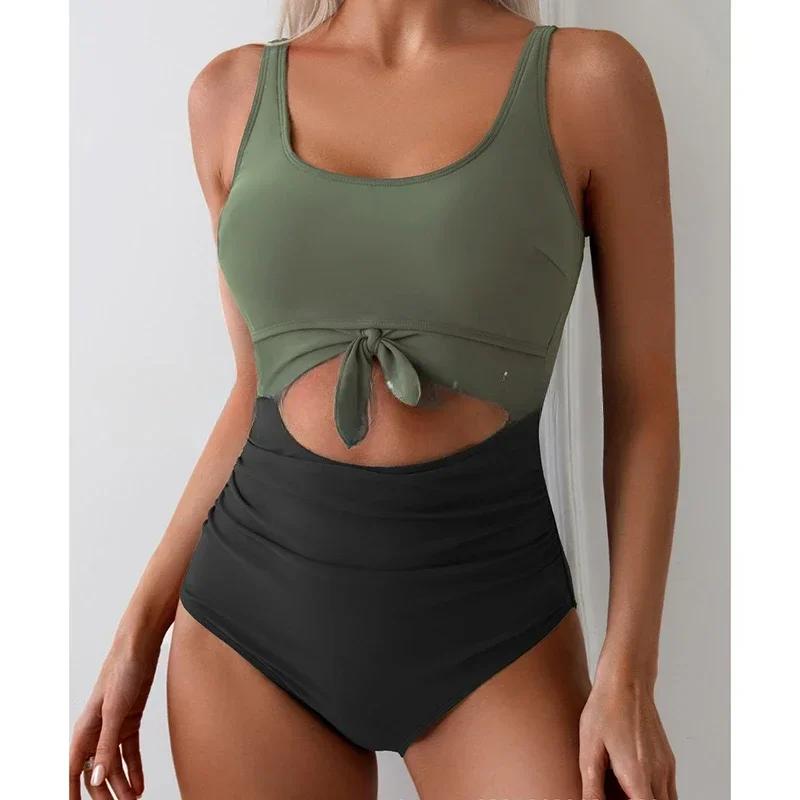 

Слитный купальник с драпировкой и завязкой, контролирующий живот, с лоскутной печатью, женский купальник-бандаж с высокой талией для отпуска, пляжного курорта, купания XXL