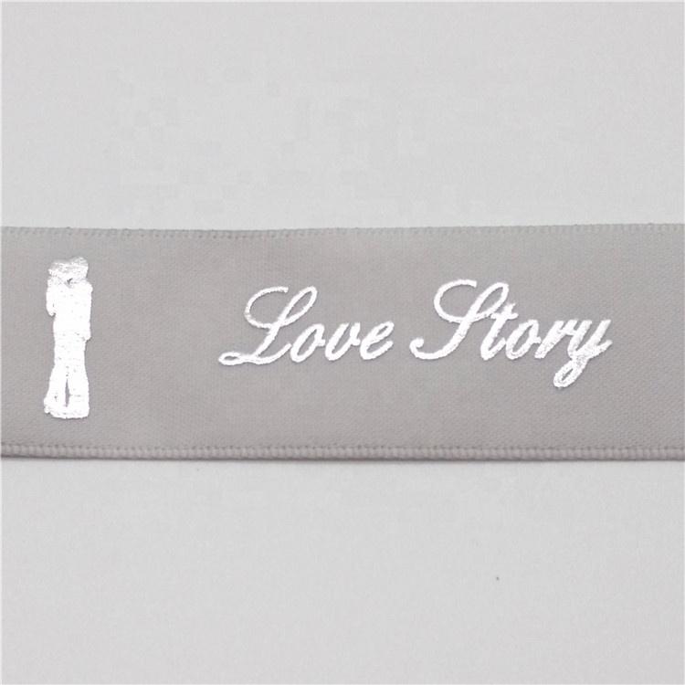 New Arrival Puff and Silver Foil Raised Printed Satin Ribbon With Love Story Logo in Stock Sale