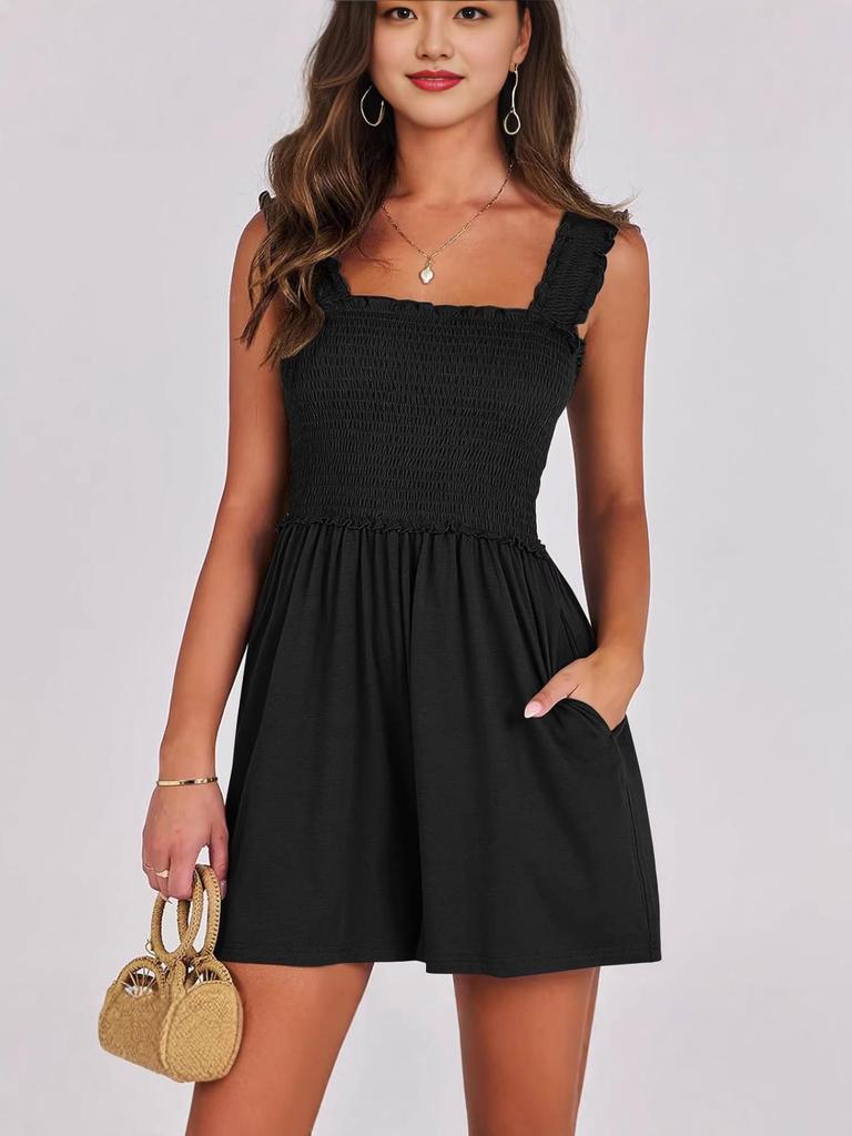 2026 New Lightweight European & American Sleeveless Square Neck Smocked Jumpsuit with Wide-Leg Shorts