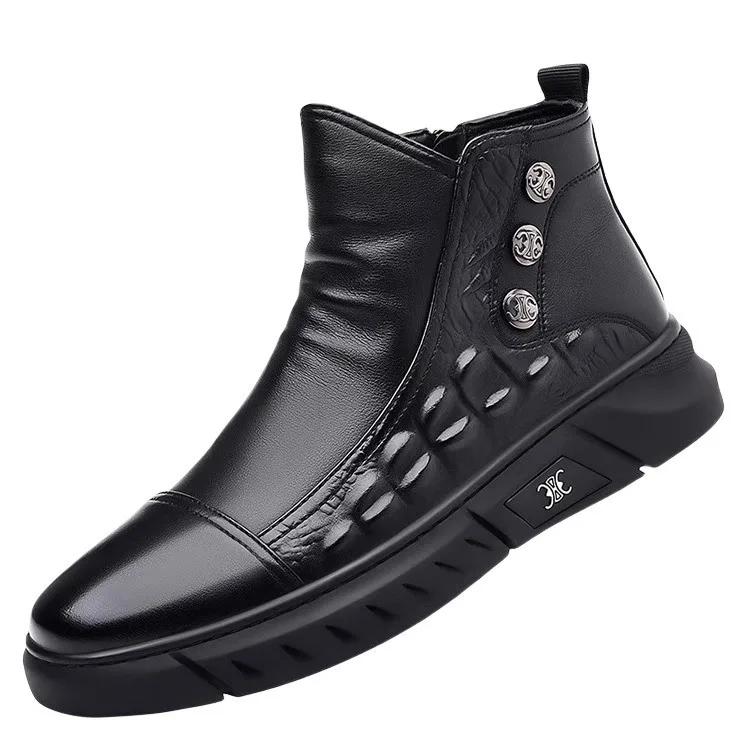 

Men Winter New Ankle Boots Crocodile Pattern Leather High Top Zip Casual Leather Boots for Men with Winter Plush Warm Boots 39