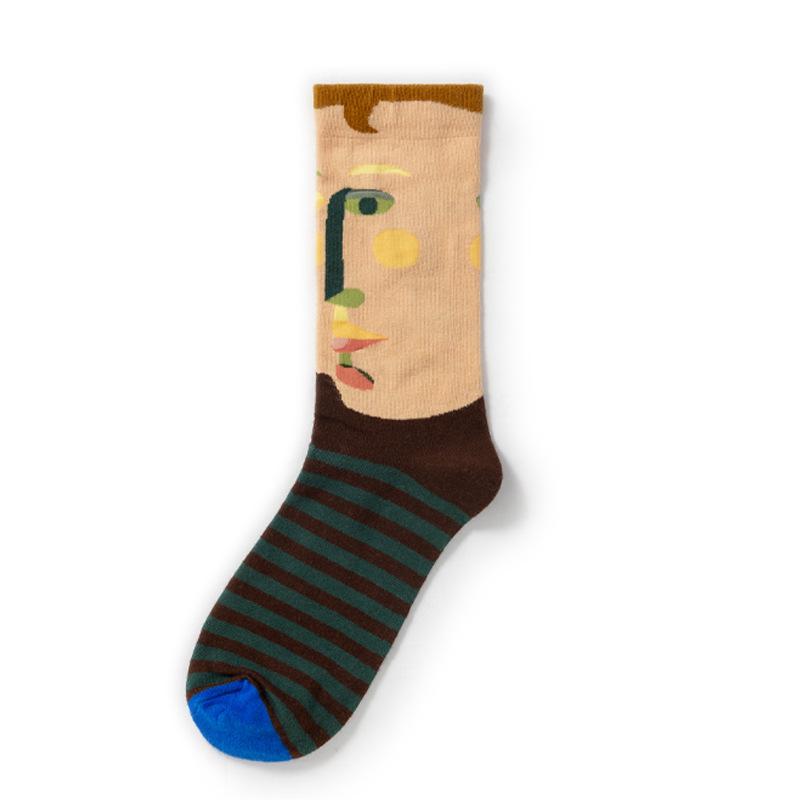 French Retro Abstract Oil Painting Mid-Calf Socks - Trendy Autumn/Winter High-Top Creative Combed Cotton for Women