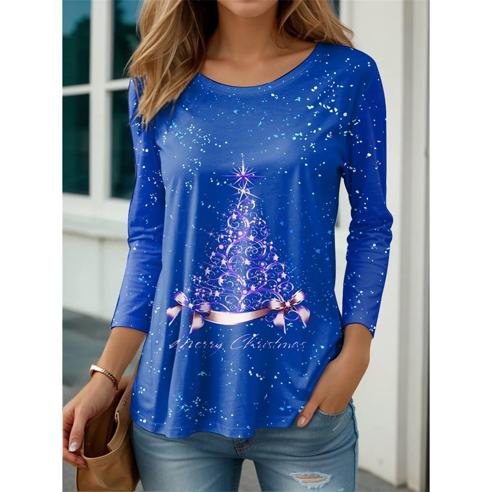 Damen T-Shirt 3D-Druck Weihnachtsstil Grafik Langarm Lustig Rundhalsausschnitt Normale Passform Frühling/Herbst Dünner Stil Sweatshirt