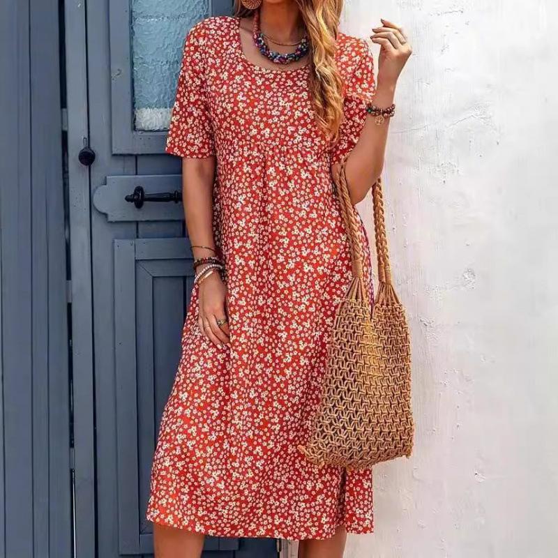 

Женская мода лето весна однотонный принт с коротким рукавом и круглым вырезом с высокой талией повседневные платья XXXXXL оранжевый