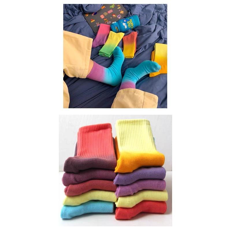 5 Perechi de Șosete Subțiri de Primăvară/Vară pentru Femei, cu Absorbție a Umidității, Transpirație, Respirabile, cu Vopsea Tie-Dye în Gradient