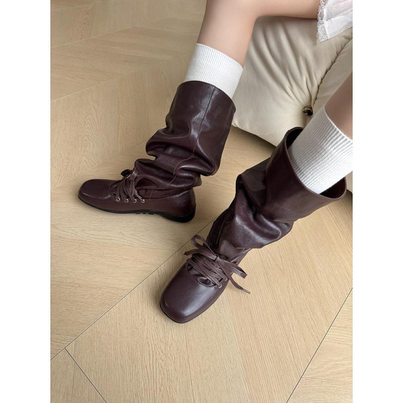 Super soft lambskin~ leather square head pleated western pile boots women's retro thick-soled big tube circumference knight boots long boots