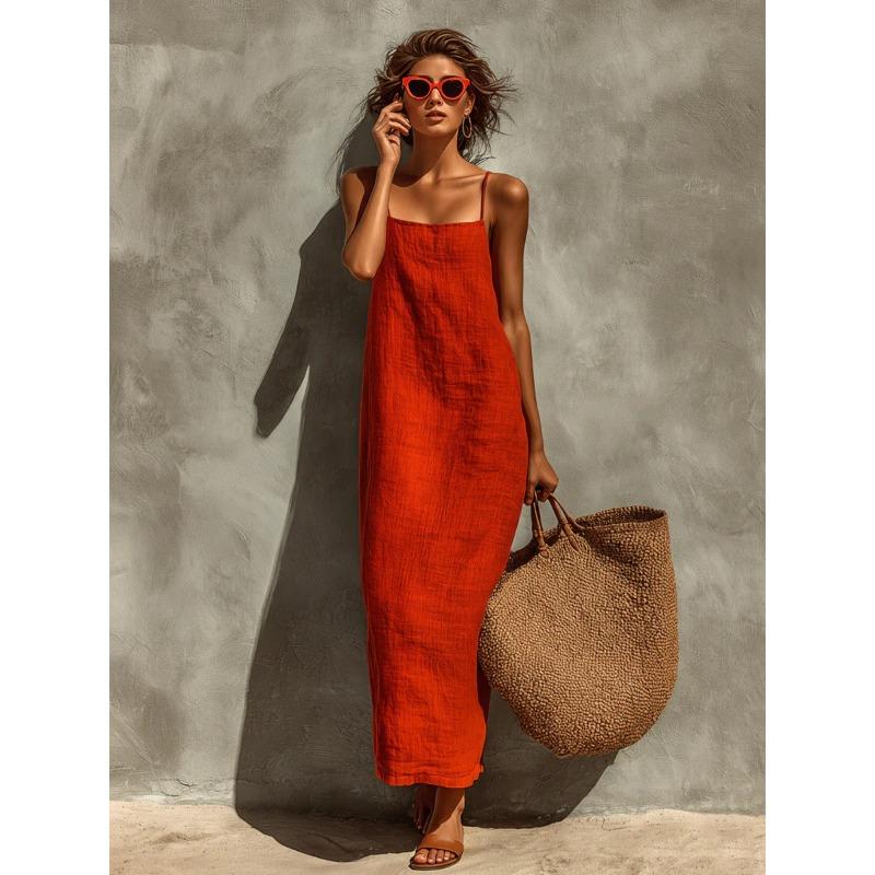 IHUASU Fashion Summer Spring Solid Color Print Sleeveless Casual Dresses Unique design S