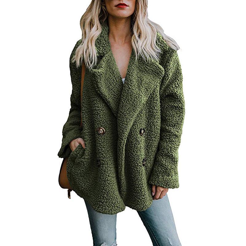 Women's Plush Button Up Lapel Pocket Jacket Autumn Winter Warm Faux Fur Coat Artificial Fluffy Fleece Optional Plus Size Jacket Female Clothing