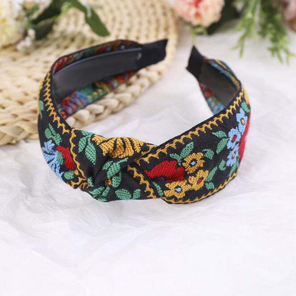 Embroidery Flower Flower Leaf Headband Fabric Cross Knotted Hair Hoop New Head Bezel  Female