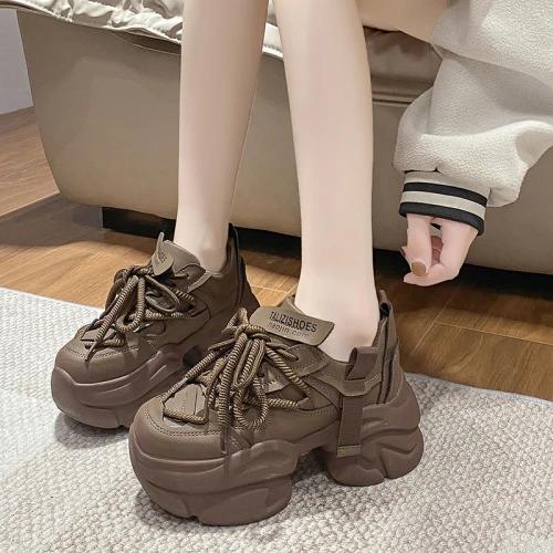 Fashion Fashion Chunky Sneakers Women Autumn Lace Up Platform Sports Shoes Woman 8CM Thick Bottom High Heels Female Leather Sneakers