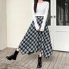 navy blue skirt women's spring and autumn new high waist drape fashion retro medium and long A-shaped irregular plaid umbrella skirt