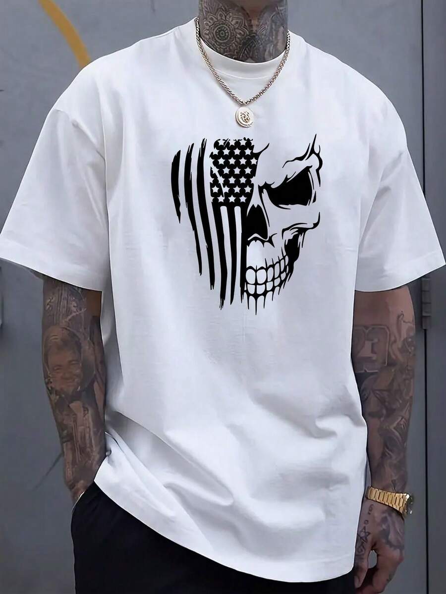 

Unisex s Round Neck Short Sleeved T-Shirt With American Flag Skull Pattern Print For Spring And Summer Vacation S