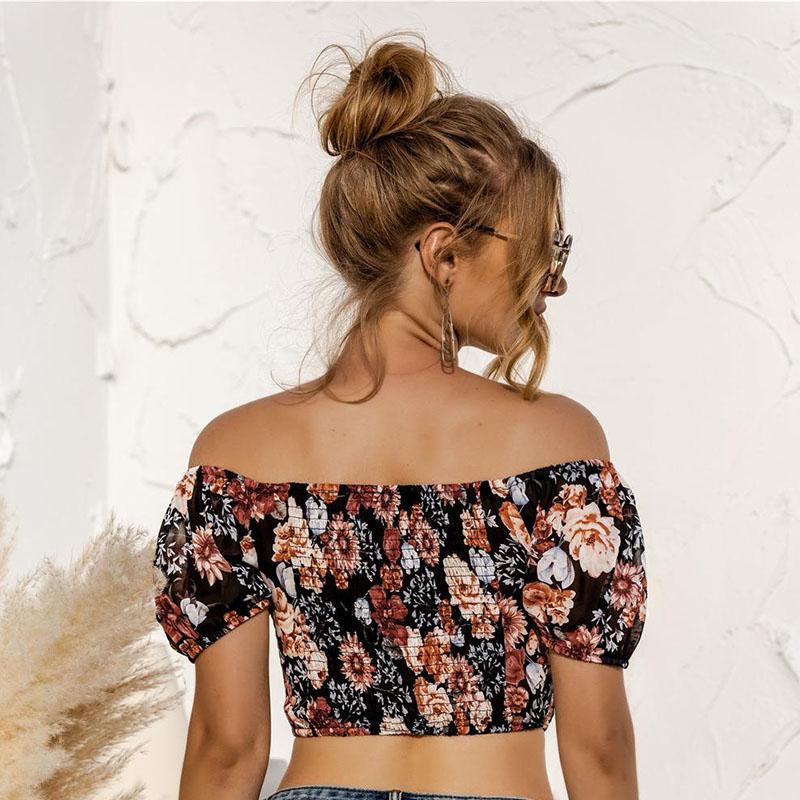 Summer Women Sexy Floral Print Crop Top Slim Backless Short Sleeve T-shirt