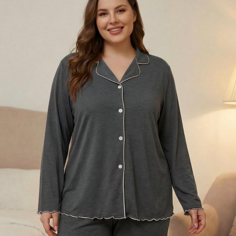 Plus Size Women Two Piece Pajama Set Button Front Cardigan Loose Knit Casual Loungewear Home Sleepwear