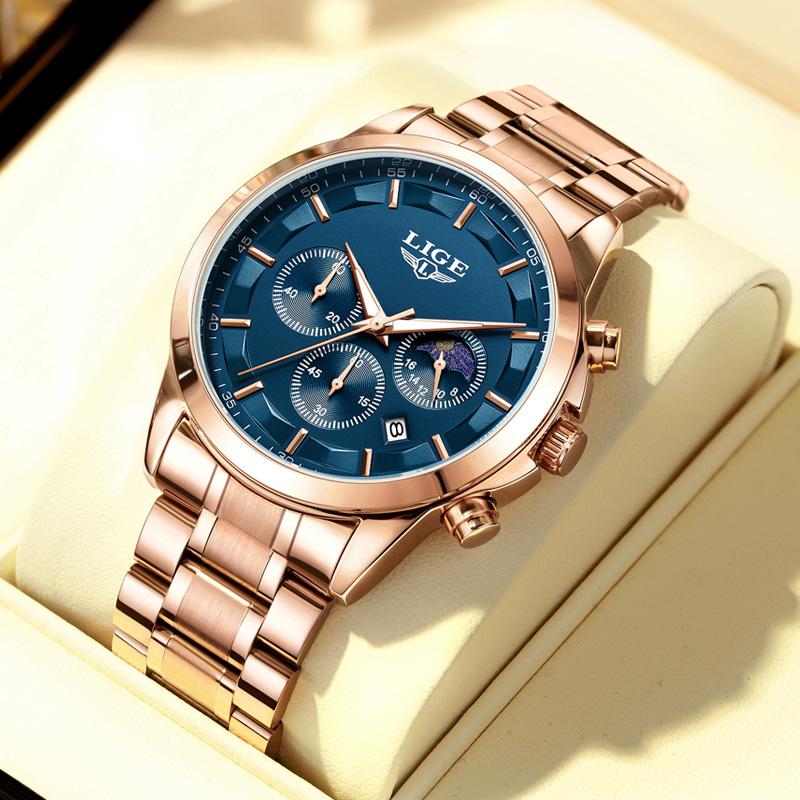 LIGE Business Watches Mens Top Brand Luxury Quartz Wristwatch 3Bar Waterproof Chronograph Luminous Watch for Gentleman Gift+Box