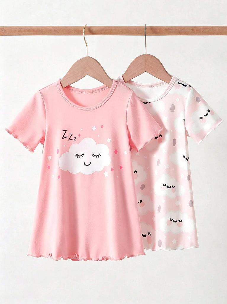 Baby Girls 2-Pack Cloud Print Nightgowns, Short Sleeve Sleep Dresses for Toddler Girls 6M-3Y