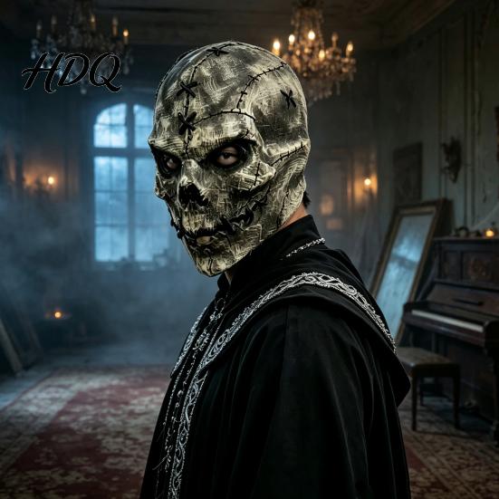 Realistic Latex Face Cushion Horror Skull Masque, Scary Halloween Hood Masque with Costume Accessories Stitched Texture, Creepy Accessory for Cosplay