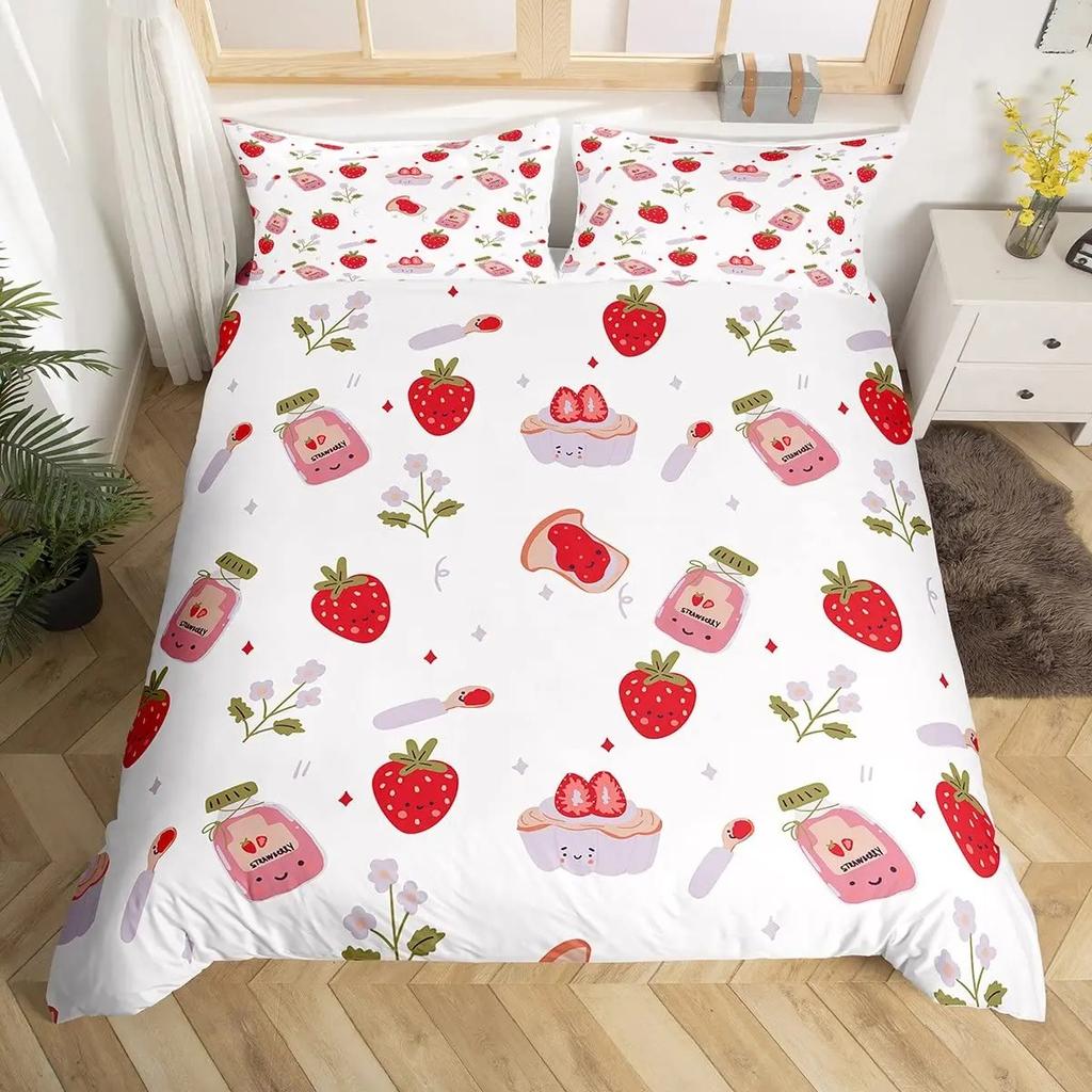Sweet Strawberry Milk Duvet Cover King Queen Cute Bear Bedding Set Cartoon Fruits Animals Comforter Cover with 2 Pillowcases